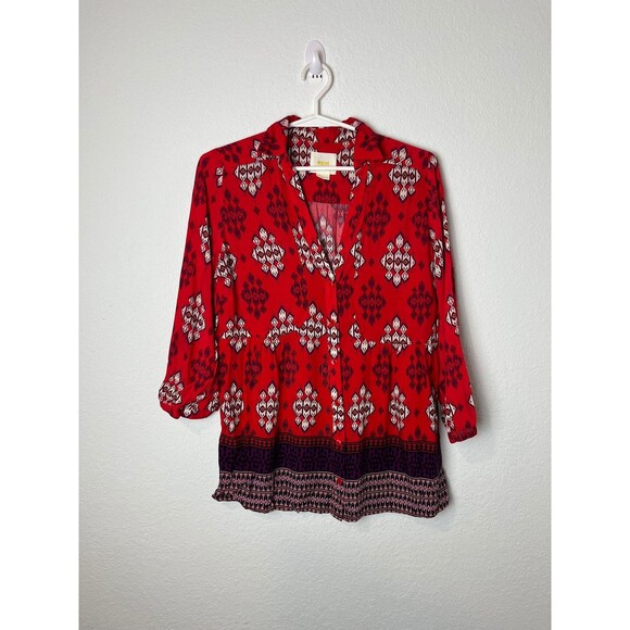 Maeve Shirt Womens 4 Red Boho Ikat Tunic Top Anthropologie Rayon Button Front - Picture 1 of 7